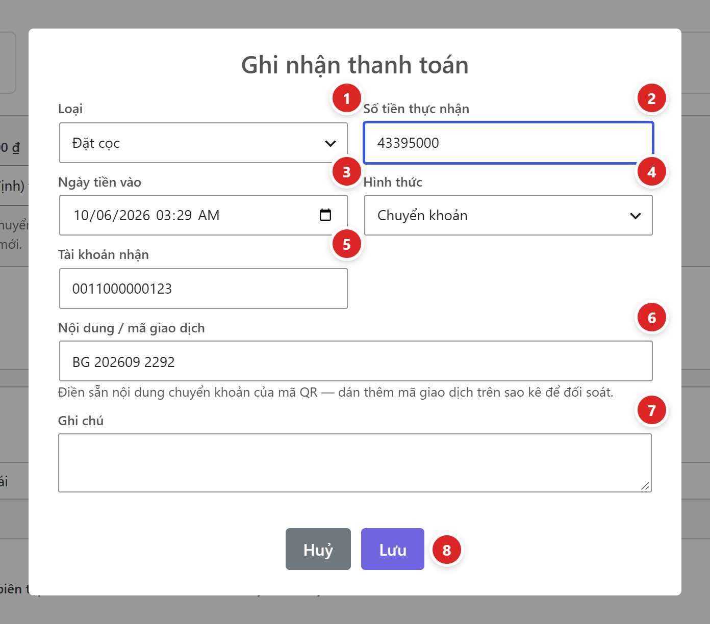 Hộp Ghi nhận thanh toán: Loại Đặt cọc, Số tiền thực nhận 43395000, Ngày tiền vào, Hình thức Chuyển khoản, Tài khoản nhận, Nội dung / mã giao dịch BG 202609 2292, Ghi chú, nút Huỷ và Lưu