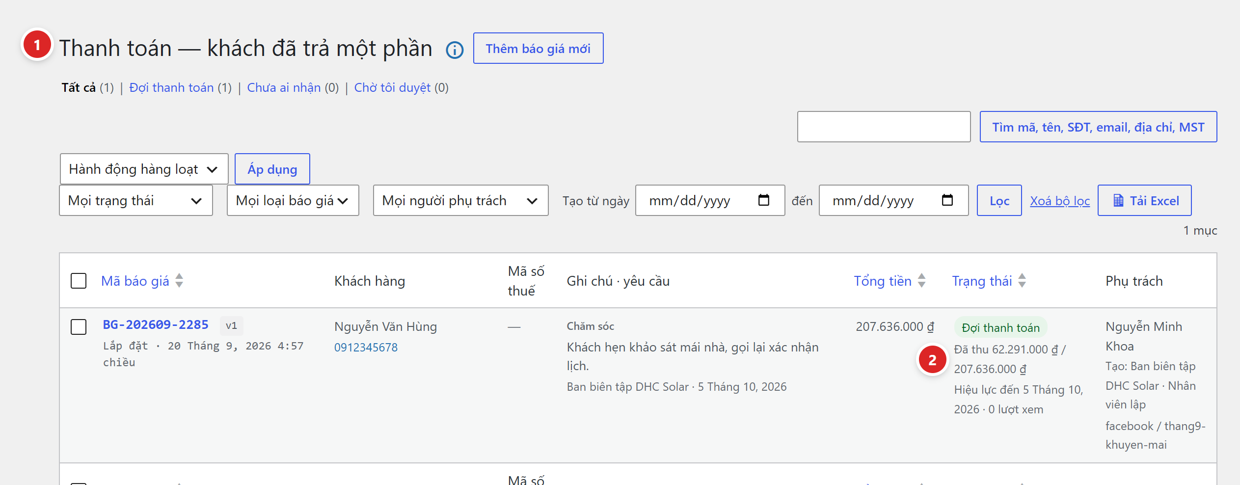 Trang Thanh toán — khách đã trả một phần, một báo giá trạng thái Đợi thanh toán, cột trạng thái ghi Đã thu 62.291.000 / 207.636.000 đồng