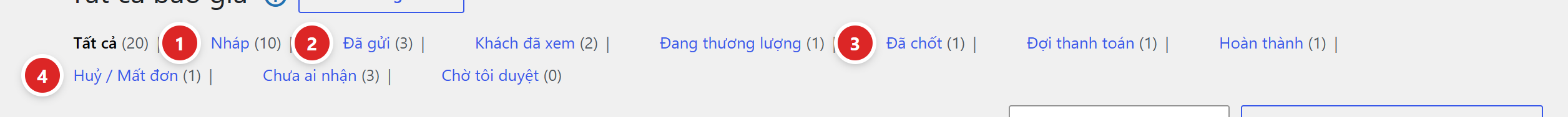 Hàng lối lọc nhanh: Tất cả (20), Nháp (10), Đã gửi (3), Khách đã xem (2), Đang thương lượng (1), Đã chốt (1), Đợi thanh toán (1), Hoàn thành (1), Huỷ / Mất đơn (1), Chưa ai nhận (3), Chờ tôi duyệt (0)
