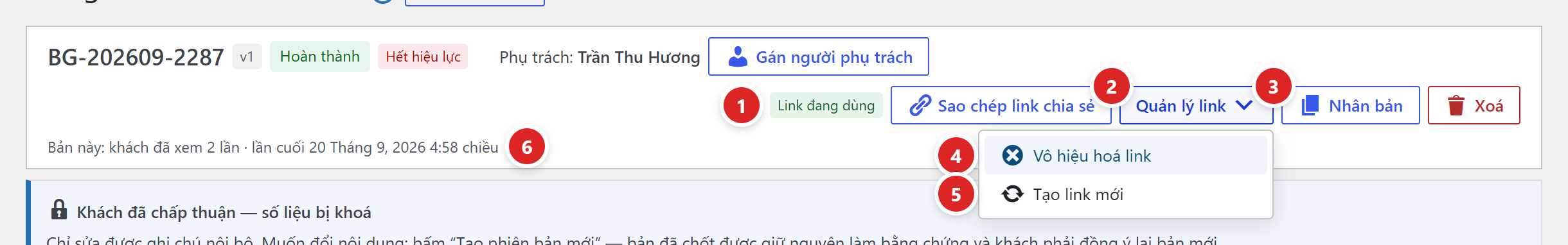 Đầu màn soạn báo giá Hoàn thành: nhãn Link đang dùng, nút Sao chép link chia sẻ, menu Quản lý link đang mở với hai mục Vô hiệu hoá link và Tạo link mới, dòng Bản này: khách đã xem 2 lần
