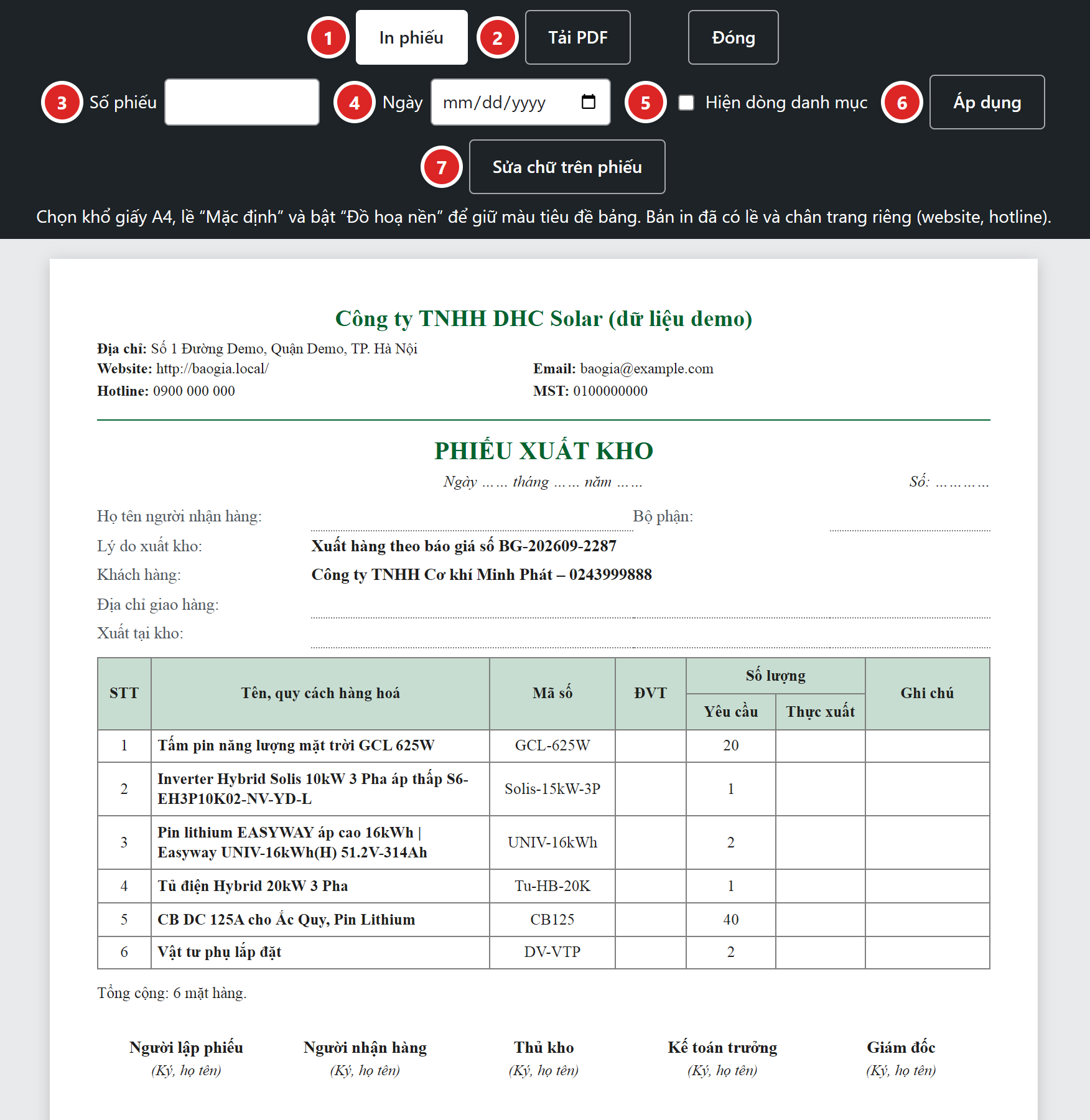 Trang in Phiếu xuất kho: thanh công cụ với nút In phiếu, Tải PDF, Đóng, ô Số phiếu, Ngày, ô Hiện dòng danh mục, nút Áp dụng, Sửa chữ trên phiếu; bên dưới là phiếu có tên công ty, lý do xuất kho theo báo giá, bảng hàng hoá với cột Số lượng Yêu cầu và Thực xuất, chỗ ký