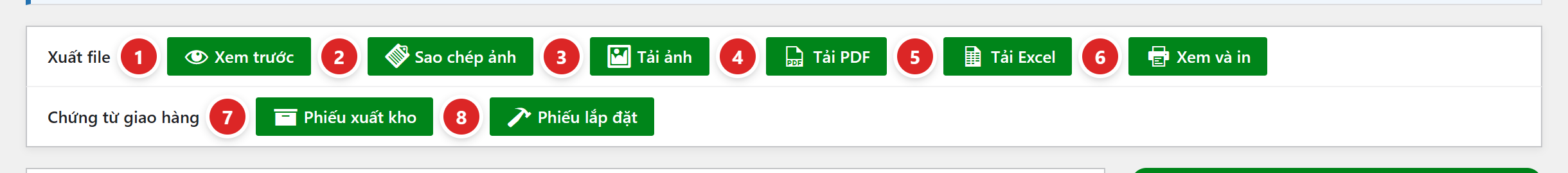Thanh Xuất file với nút Xem trước, Sao chép ảnh, Tải ảnh, Tải PDF, Tải Excel, Xem và in; hàng Chứng từ giao hàng với nút Phiếu xuất kho và Phiếu lắp đặt