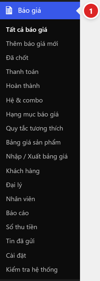 Menu Báo giá trong trang quản trị với các mục con từ Tất cả báo giá tới Kiểm tra hệ thống