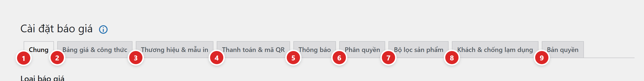 Trang Cài đặt báo giá với thanh 9 tab: Chung, Bảng giá và công thức, Thương hiệu và mẫu in, Thanh toán và mã QR, Thông báo, Phân quyền, Bộ lọc sản phẩm, Khách và chống lạm dụng, Bản quyền