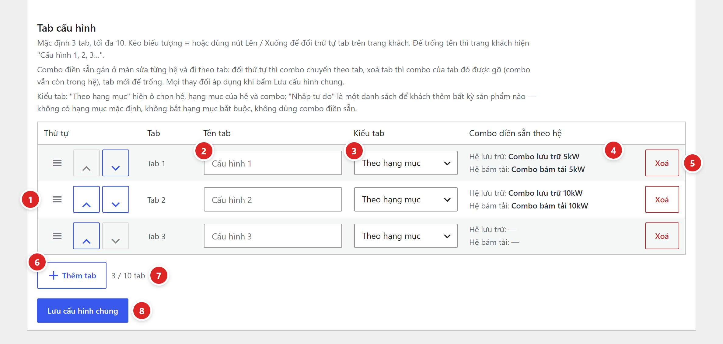 Bảng Tab cấu hình với 3 dòng Tab 1, Tab 2, Tab 3, ô tên tab để trống, kiểu tab Theo hạng mục, cột combo điền sẵn theo hệ, nút Xoá, nút Thêm tab, bộ đếm 3 / 10 tab và nút Lưu cấu hình chung