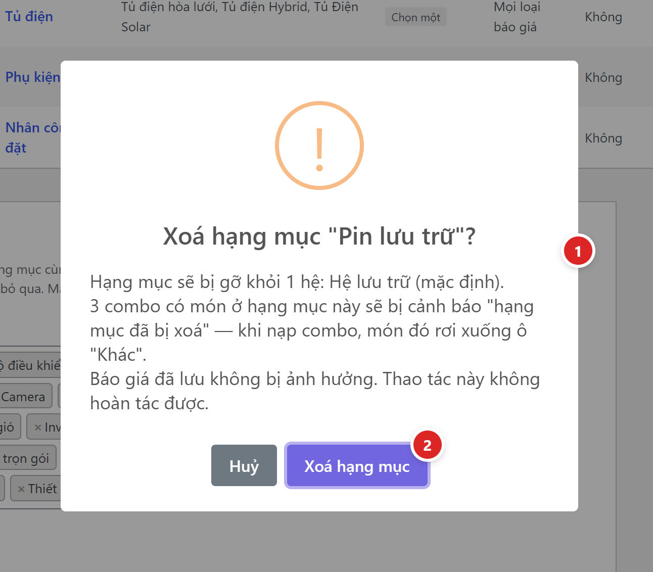 Hộp thoại Xoá hạng mục Pin lưu trữ: hạng mục sẽ bị gỡ khỏi 1 hệ Hệ lưu trữ, 3 combo có món ở hạng mục này sẽ bị cảnh báo, báo giá đã lưu không bị ảnh hưởng, nút Huỷ và Xoá hạng mục
