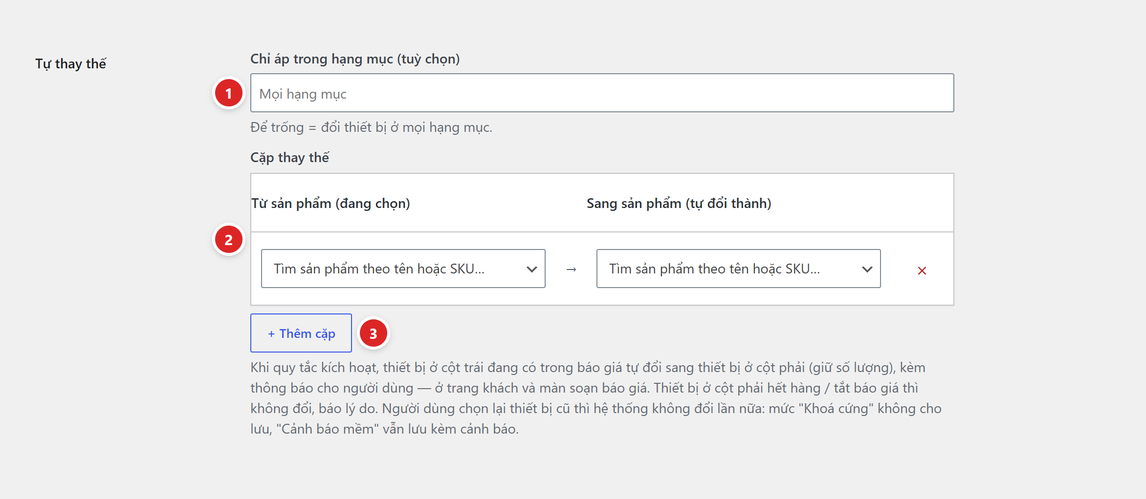 Dòng Tự thay thế của form quy tắc với ô Chỉ áp trong hạng mục tuỳ chọn, bảng Cặp thay thế gồm cột Từ sản phẩm đang chọn và Sang sản phẩm tự đổi thành, nút Thêm cặp