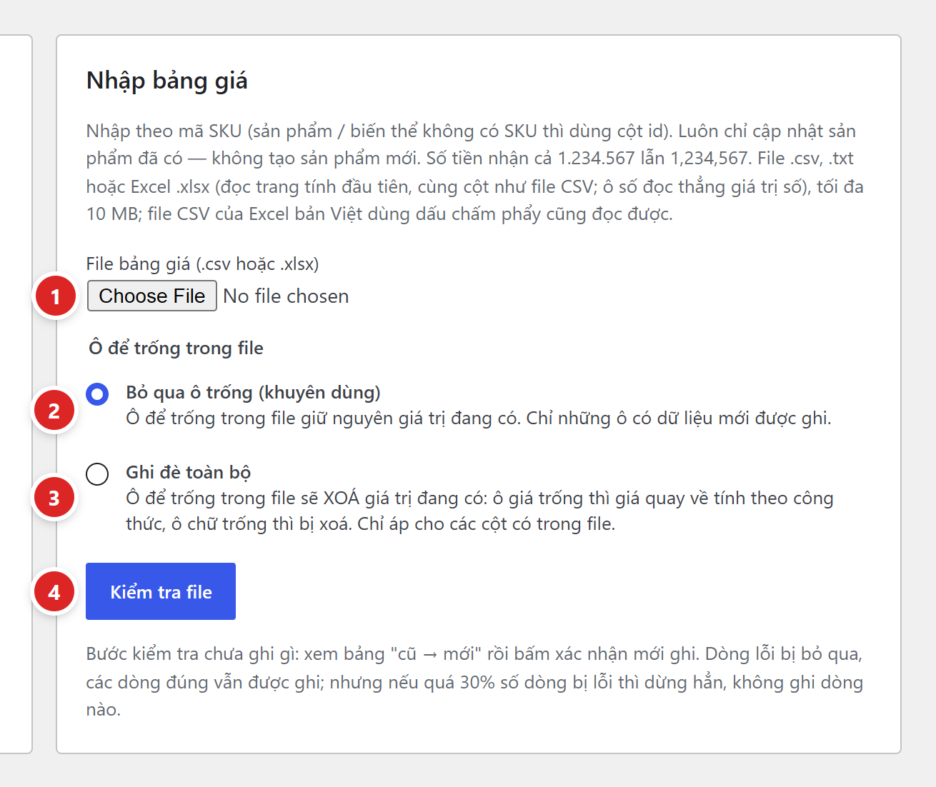 Khung Nhập bảng giá: câu hướng dẫn, ô File bảng giá (.csv hoặc .xlsx), nhóm Ô để trống trong file với hai lựa chọn, nút Kiểm tra file và câu giải thích bước kiểm tra