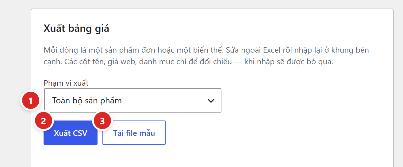 Khung Xuất bảng giá với ô Phạm vi xuất, nút Xuất CSV và nút Tải file mẫu
