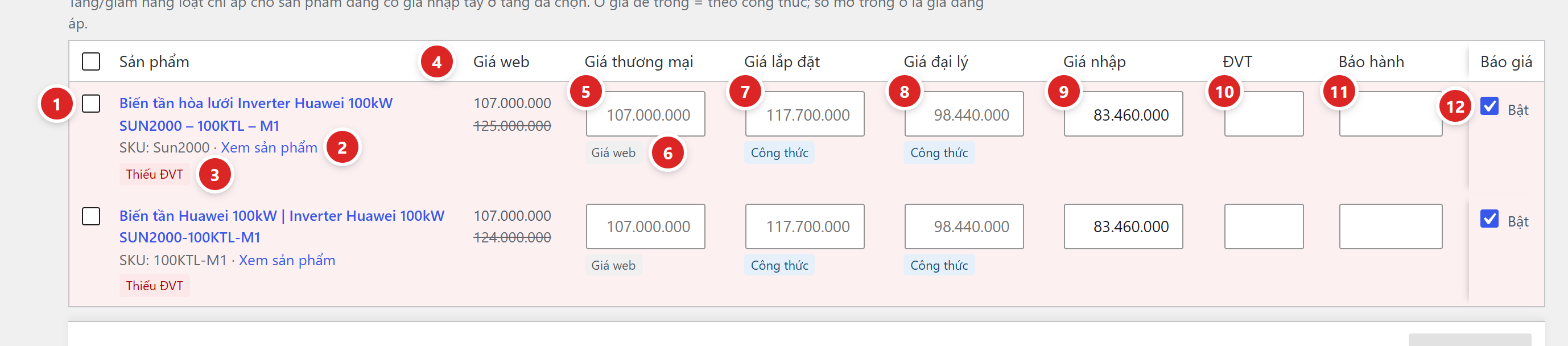 Hai dòng của Bảng giá sản phẩm với ô chọn, tên, SKU, liên kết Xem sản phẩm, nhãn Thiếu ĐVT, cột Giá web có giá gạch ngang, các ô Giá thương mại, Giá lắp đặt, Giá đại lý với nhãn nguồn, ô Giá nhập, ĐVT, Bảo hành và công tắc Bật
