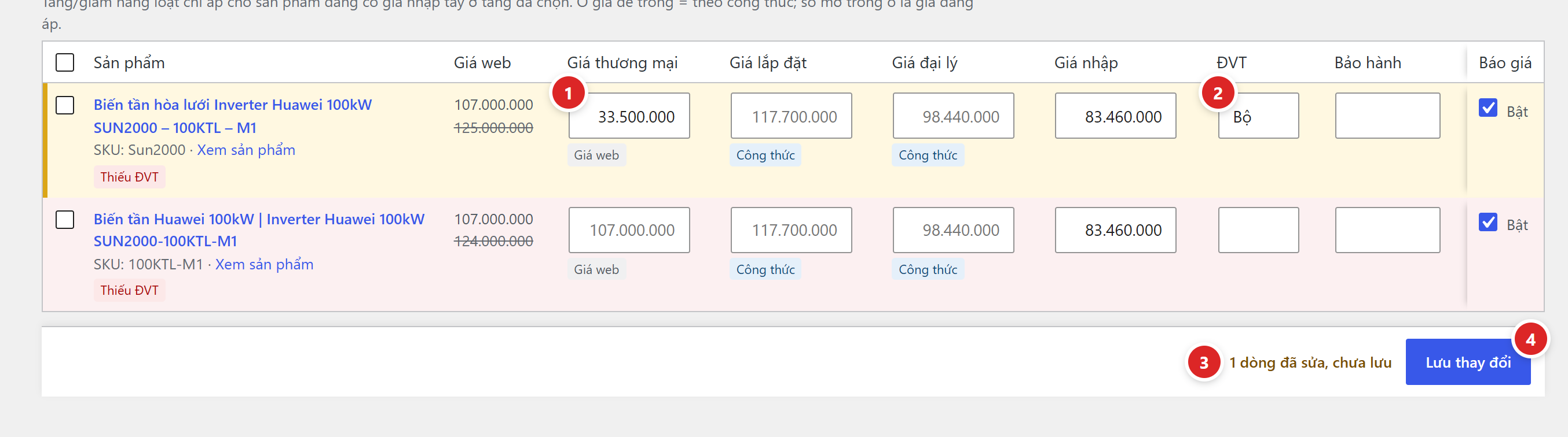 Dòng đầu đổi nền vàng sau khi gõ 33.500.000 vào ô Giá thương mại và Bộ vào ô ĐVT; thanh dưới hiện 1 dòng đã sửa, chưa lưu và nút Lưu thay đổi