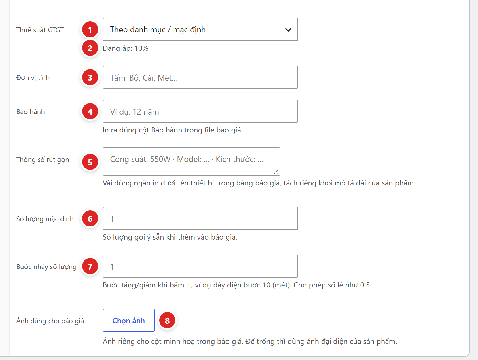Phần dưới thẻ Báo giá DevVN: ô Thuế suất GTGT với dòng Đang áp 10%, các ô Đơn vị tính, Bảo hành, Thông số rút gọn, Số lượng mặc định, Bước nhảy số lượng và nút Chọn ảnh của Ảnh dùng cho báo giá