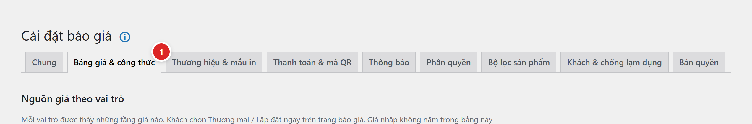 Trang Cài đặt báo giá với thanh tab, tab Bảng giá và công thức đang chọn, bên dưới là tiêu đề mục Nguồn giá theo vai trò