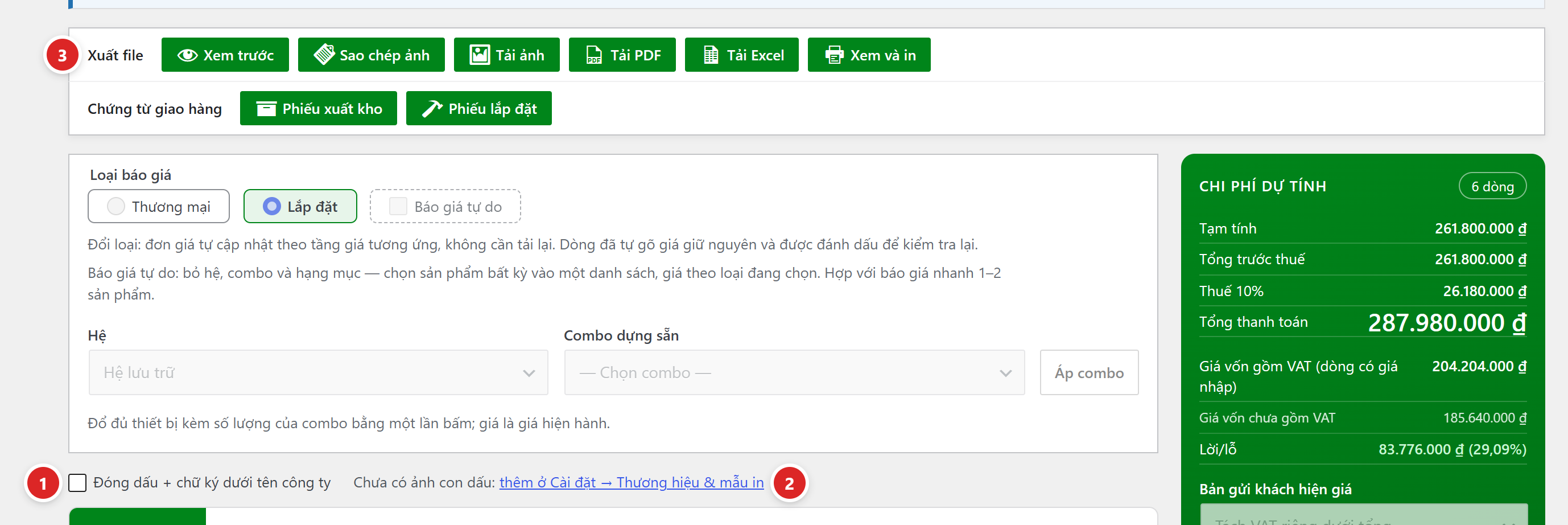 Màn soạn báo giá với khối Xuất file gồm Xem trước, Sao chép ảnh, Tải ảnh, Tải PDF, Tải Excel, Xem và in, và ô Đóng dấu cộng chữ ký dưới tên công ty kèm dòng Chưa có ảnh con dấu