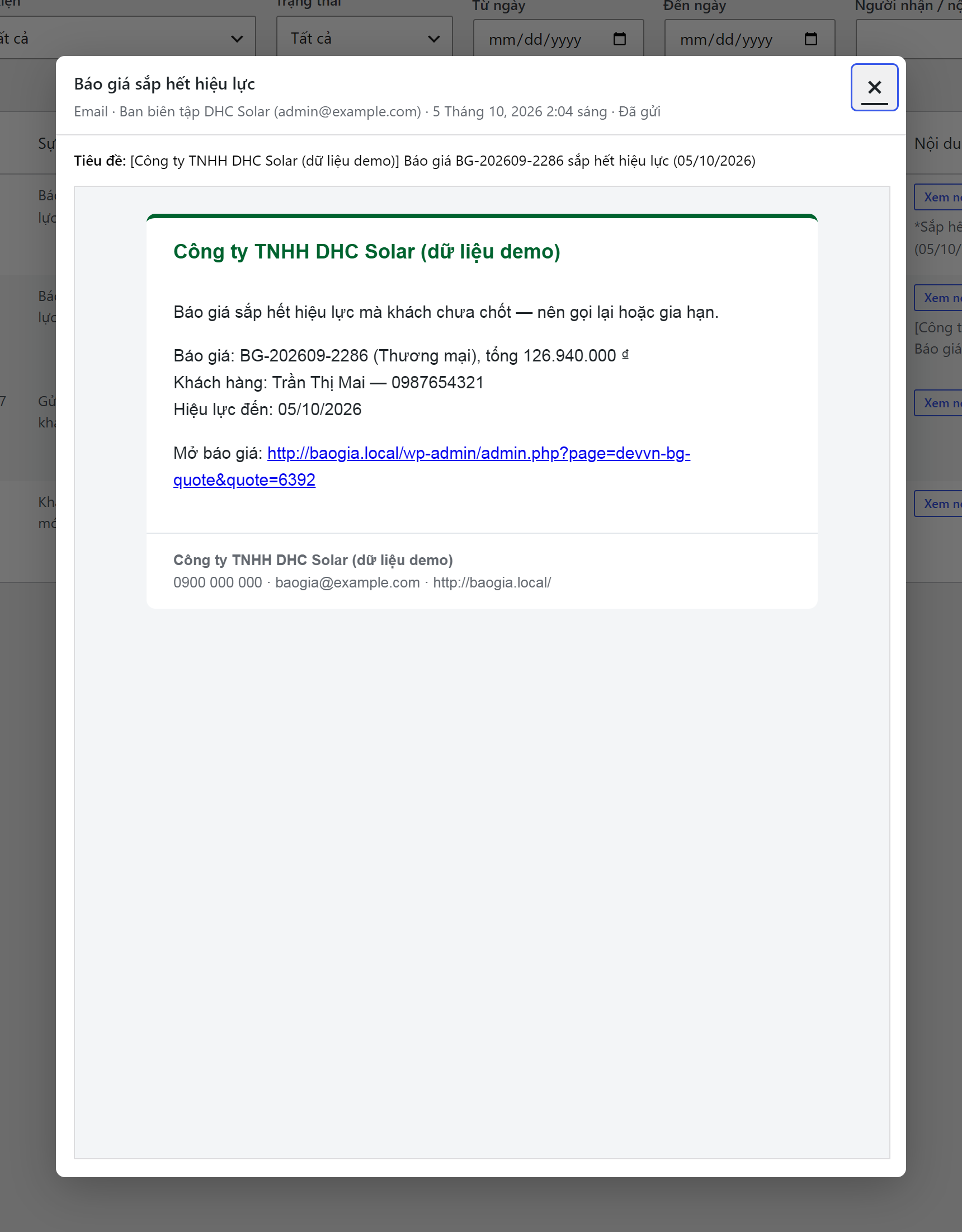 Cửa sổ Xem nội dung của một email Báo giá sắp hết hiệu lực, gồm dòng kênh, người nhận, thời điểm, kết quả, tiêu đề email và khung thư