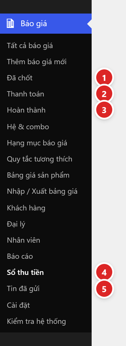 Menu Báo giá với các mục Đã chốt, Thanh toán, Hoàn thành, Sổ thu tiền và Tin đã gửi được đánh số