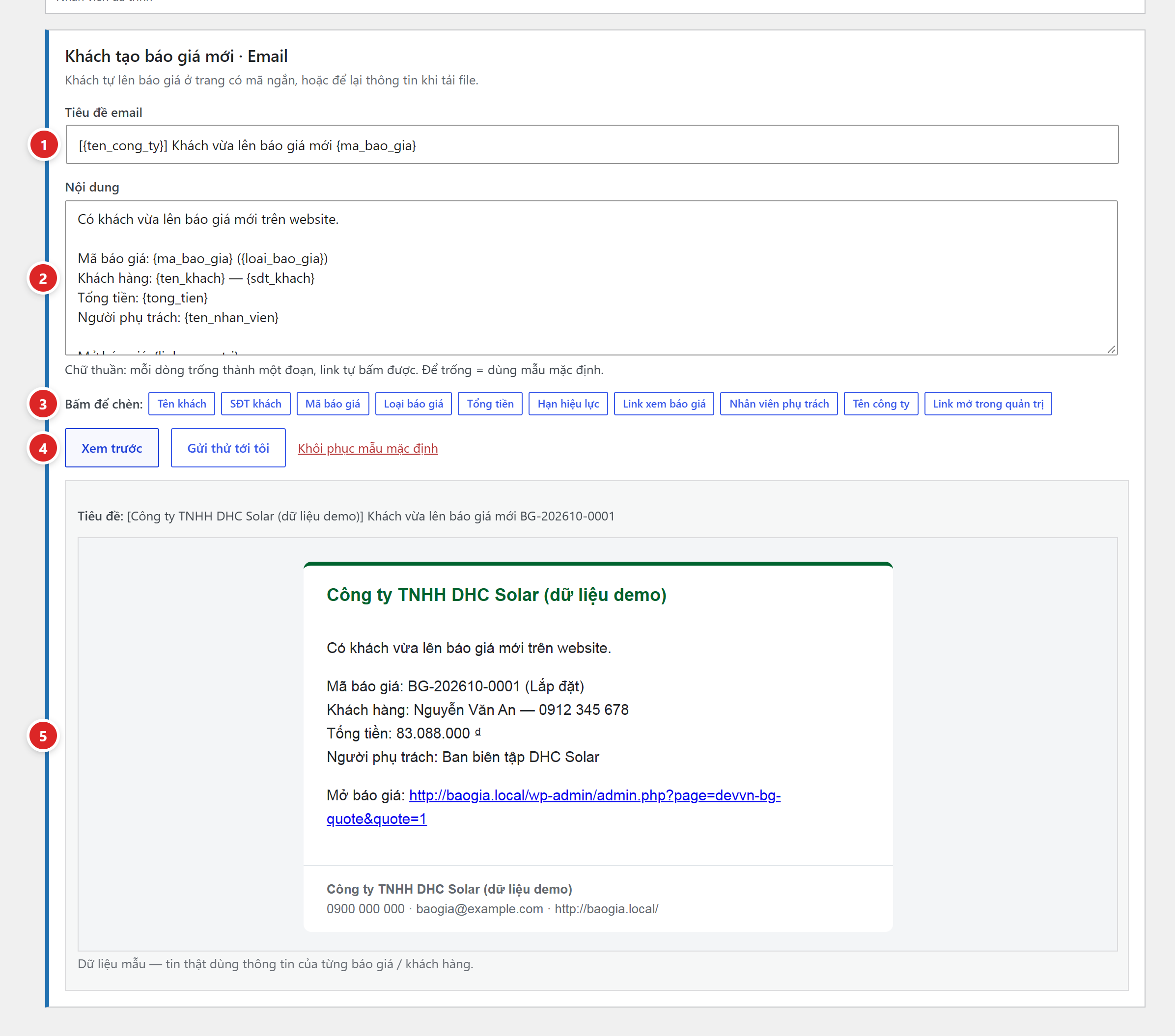 Khung soạn mẫu Khách tạo báo giá mới qua Email gồm ô Tiêu đề email, ô Nội dung, hàng nút Bấm để chèn biến, nút Xem trước, Gửi thử tới tôi, Khôi phục mẫu mặc định và khung xem trước email với dữ liệu mẫu