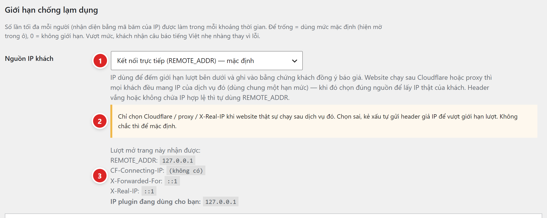 Dòng Nguồn IP khách: ô chọn đang để Kết nối trực tiếp (REMOTE_ADDR) — mặc định, câu giải thích, hộp vàng cảnh báo chỉ chọn Cloudflare proxy X-Real-IP khi website thật sự chạy sau dịch vụ đó, các dòng Lượt mở trang này nhận được REMOTE_ADDR, CF-Connecting-IP, X-Forwarded-For, X-Real-IP và IP plugin đang dùng cho bạn
