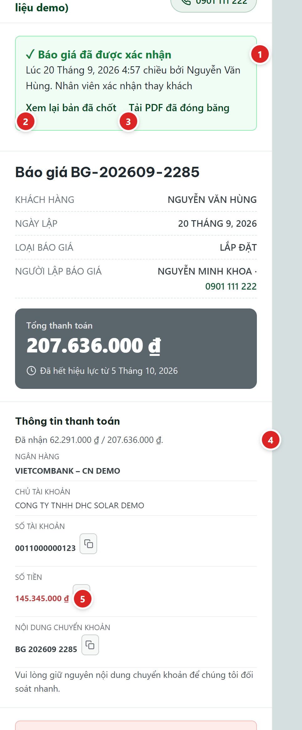 Trang báo giá đã chốt: dải Báo giá đã được xác nhận kèm link Xem lại bản đã chốt và Tải PDF đã đóng băng, khối Tổng thanh toán, khối Thông tin thanh toán ghi số đã nhận và số tiền còn lại