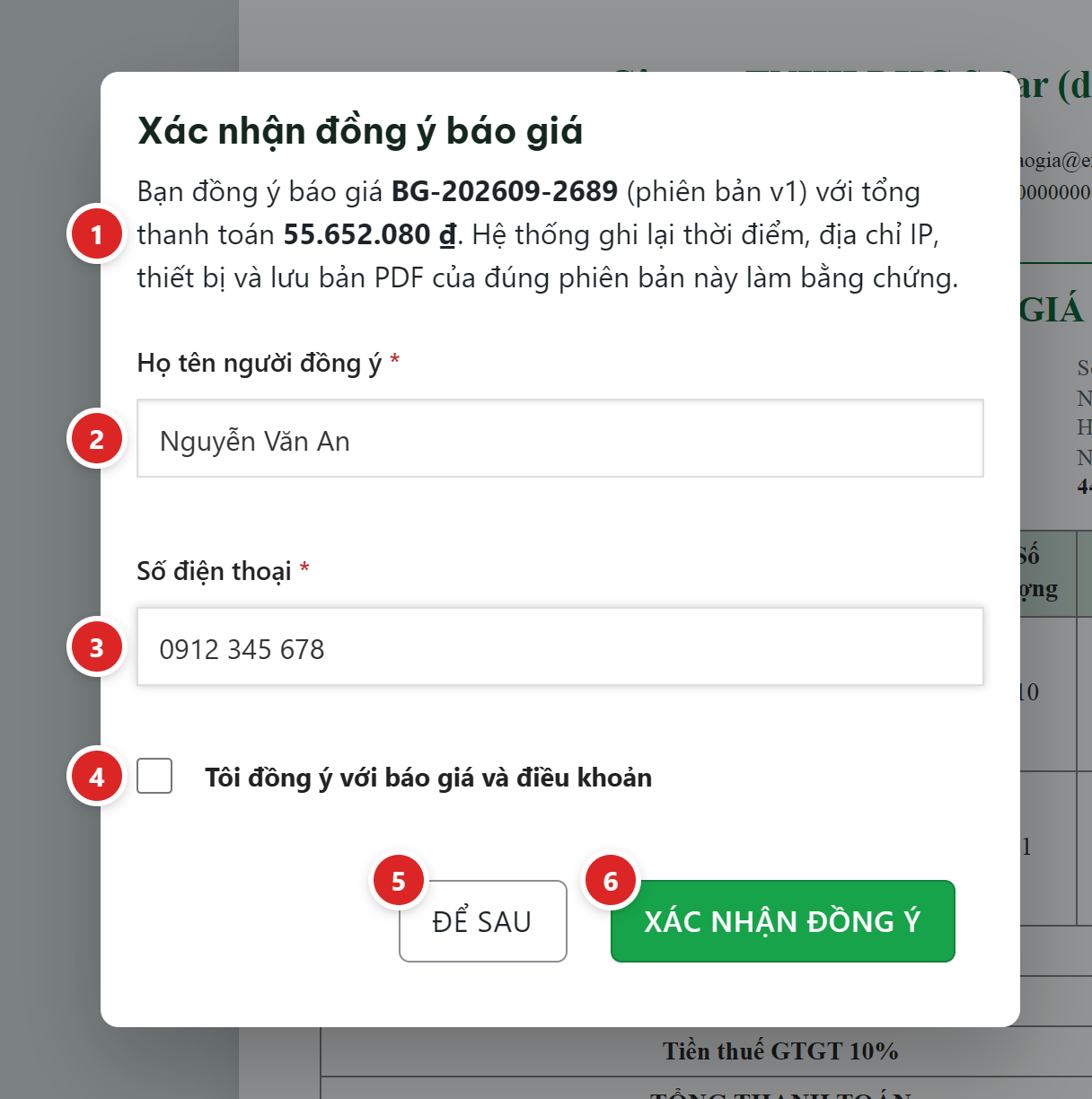 Hộp Xác nhận đồng ý báo giá: câu tóm tắt mã báo giá BG-202609-2689 phiên bản v1, tổng thanh toán, ô Họ tên người đồng ý, ô Số điện thoại, ô tick Tôi đồng ý với báo giá và điều khoản, nút Để sau và Xác nhận đồng ý