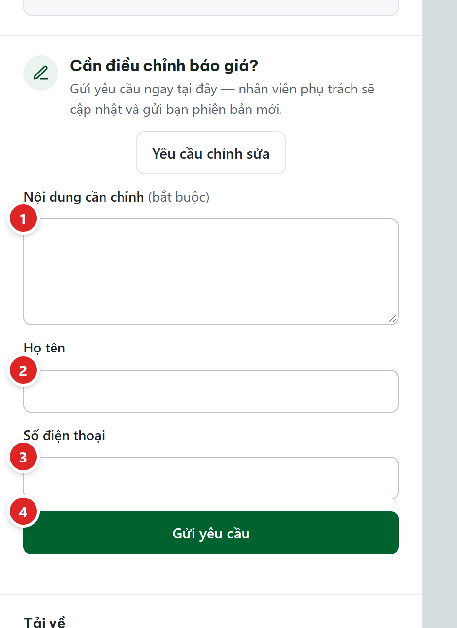 Form Cần điều chỉnh báo giá mở ra với ô Nội dung cần chỉnh bắt buộc, ô Họ tên, ô Số điện thoại và nút Gửi yêu cầu