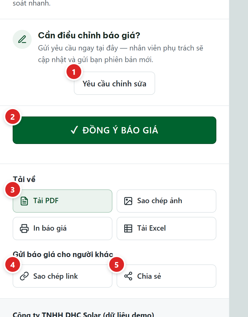 Khối Cần điều chỉnh báo giá với nút Yêu cầu chỉnh sửa, nút lớn Đồng ý báo giá, mục Tải về gồm Tải PDF, Sao chép ảnh, In báo giá, Tải Excel và mục Gửi báo giá cho người khác gồm Sao chép link, Chia sẻ