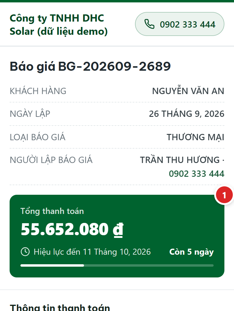 Trang báo giá trên điện thoại: tên công ty và nút gọi, Báo giá BG-202609-2689, thông tin khách, khối Tổng thanh toán