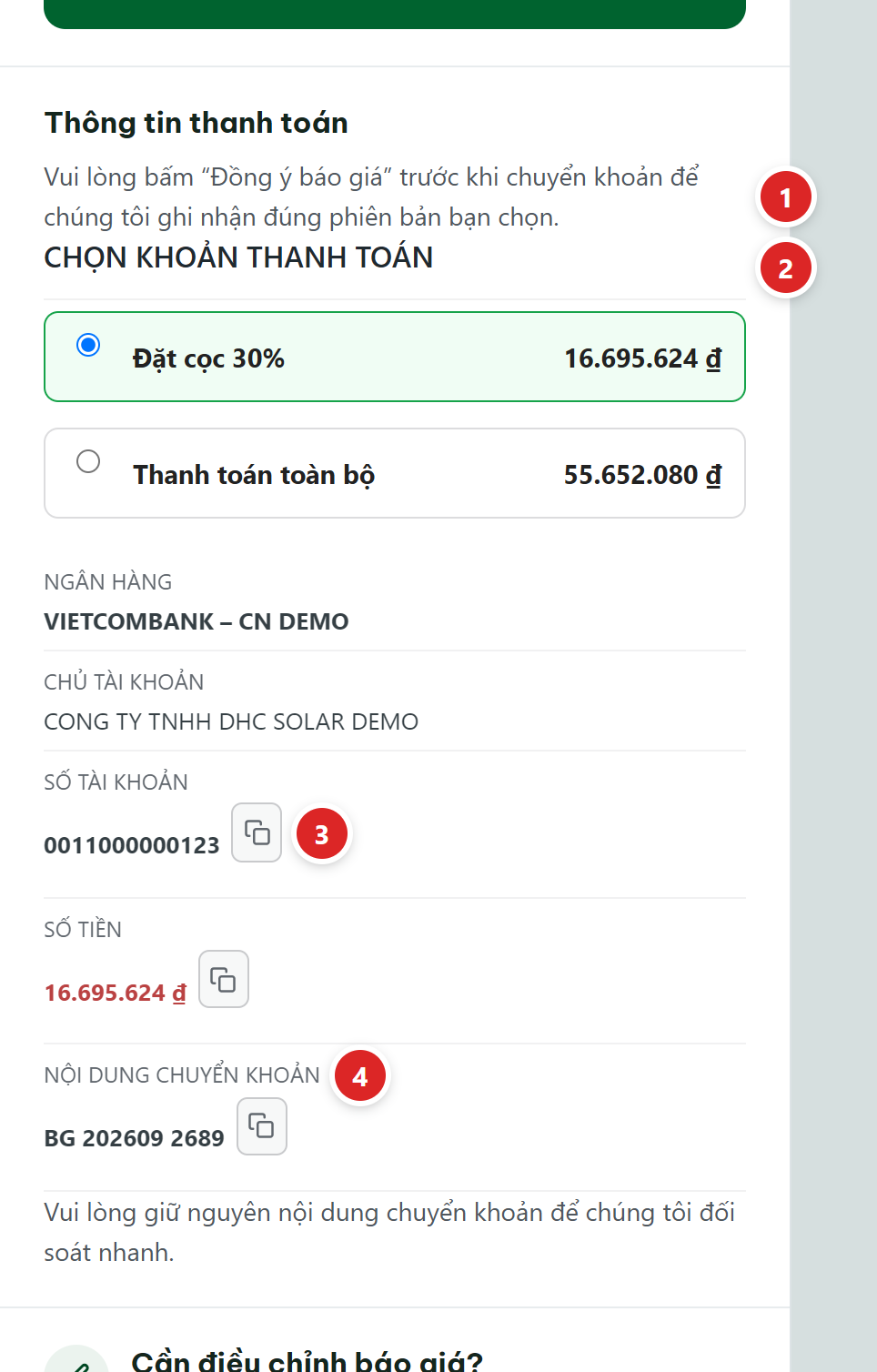 Khối Thông tin thanh toán: câu nhắc bấm Đồng ý báo giá trước khi chuyển khoản, lựa chọn Đặt cọc 30% và Thanh toán toàn bộ, Ngân hàng, Chủ tài khoản, Số tài khoản, Số tiền, Nội dung chuyển khoản kèm nút sao chép