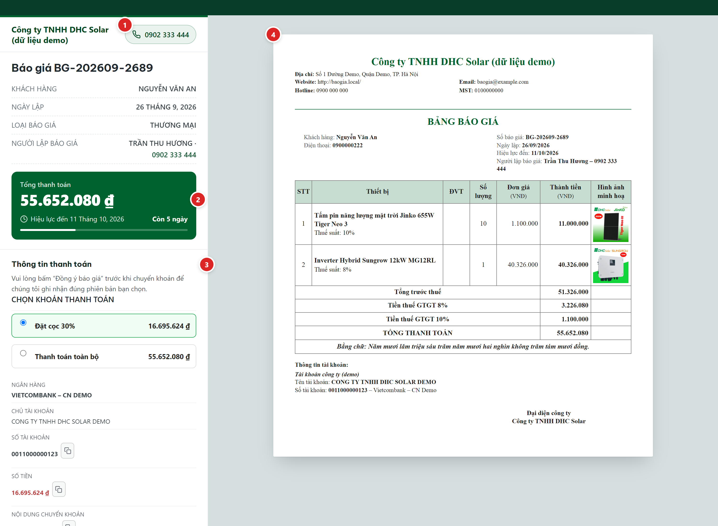 Trang báo giá gửi khách: cột trái có tên công ty, nút gọi, Báo giá BG-202609-2689, khách hàng, ngày lập, Tổng thanh toán, Thông tin thanh toán; bên phải là tờ BẢNG BÁO GIÁ như bản in