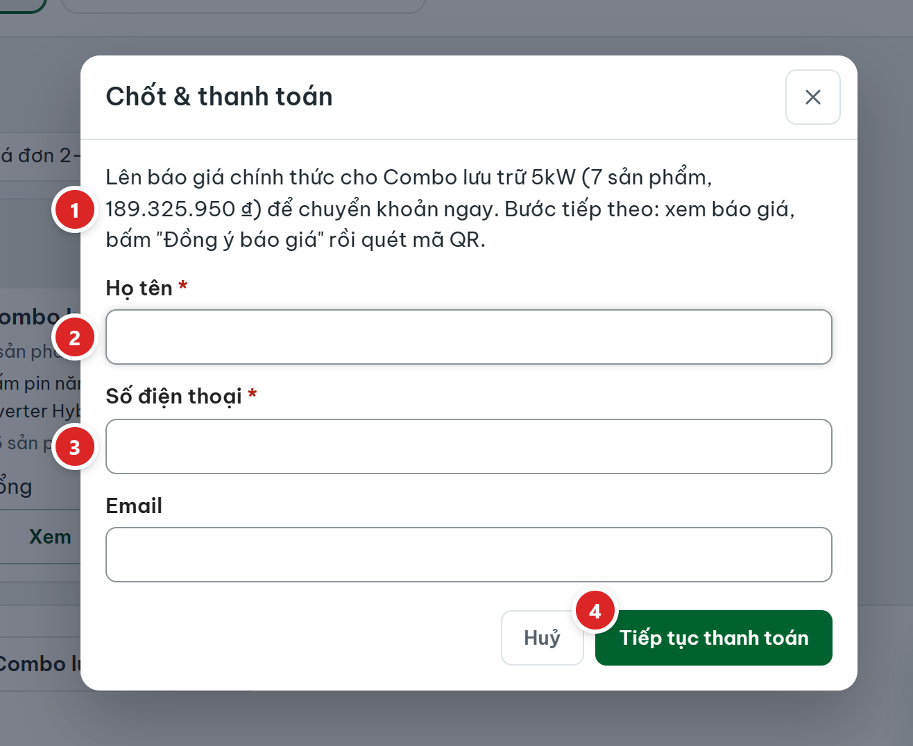 Hộp Chốt và thanh toán: câu dẫn lên báo giá chính thức cho Combo lưu trữ 5kW, ô Họ tên và Số điện thoại có dấu sao, ô Email, nút Huỷ và Tiếp tục thanh toán