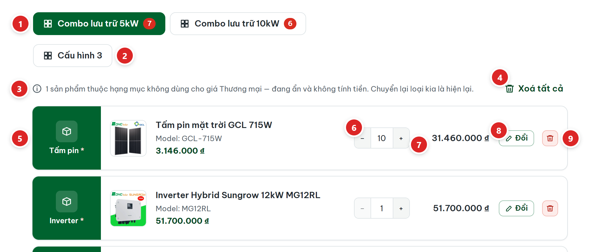 Hàng tab Combo lưu trữ 5kW, Combo lưu trữ 10kW, Cấu hình 3; dòng báo 1 sản phẩm đang ẩn; nút Xoá tất cả; ô Tấm pin có dấu sao, ô số lượng, thành tiền, nút Đổi và nút xoá