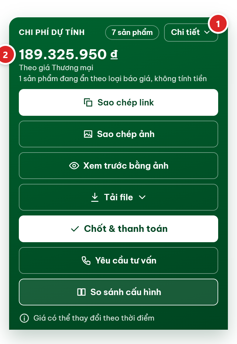 Thanh chi phí trên điện thoại đã mở rộng: nút Chi tiết, tổng tiền và các nút như trên máy tính