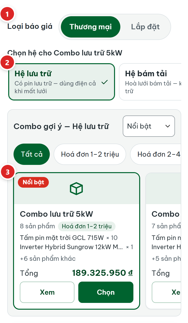 Trang lên báo giá trên điện thoại rộng 390px: nút Thương mại, Lắp đặt, nút hệ trượt ngang, khối combo với thẻ combo trượt ngang