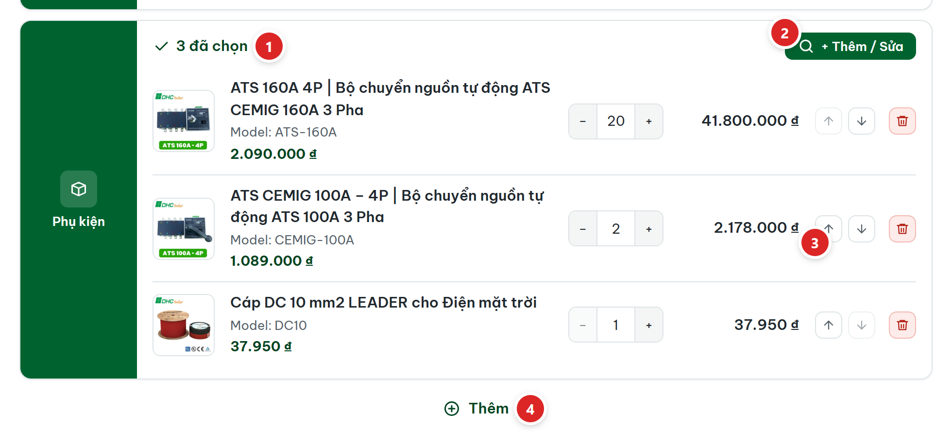Ô Phụ kiện ghi 3 đã chọn, nút + Thêm / Sửa, ba dòng ATS 160A, ATS CEMIG 100A, Cáp DC có nút lên xuống và nút Thêm ở cuối danh sách