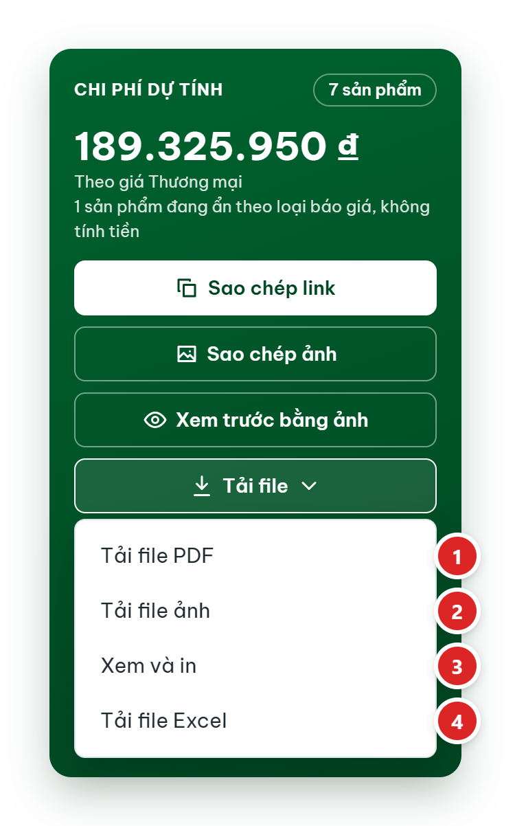 Menu Tải file mở ra với bốn mục Tải file PDF, Tải file ảnh, Xem và in, Tải file Excel