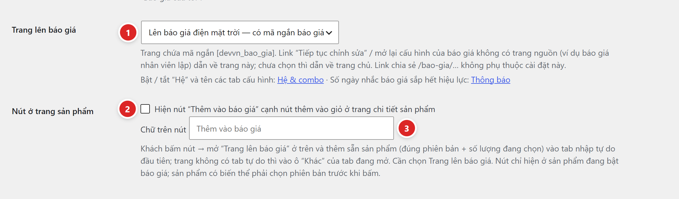 Hai hàng cài đặt: Trang lên báo giá đang chọn Lên báo giá điện mặt trời, và Nút ở trang sản phẩm với ô tick Hiện nút Thêm vào báo giá cùng ô Chữ trên nút