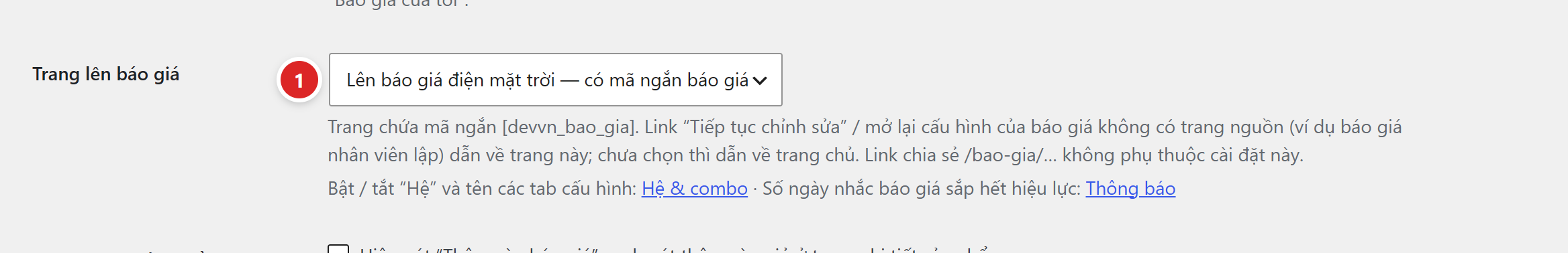 Ô Trang lên báo giá đang chọn Lên báo giá điện mặt trời — có mã ngắn báo giá, kèm phần mô tả