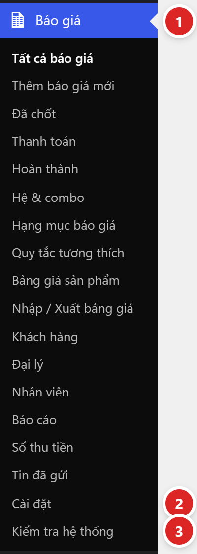 Menu Báo giá trong quản trị WordPress, mở ra các mục từ Tất cả báo giá tới Cài đặt và Kiểm tra hệ thống