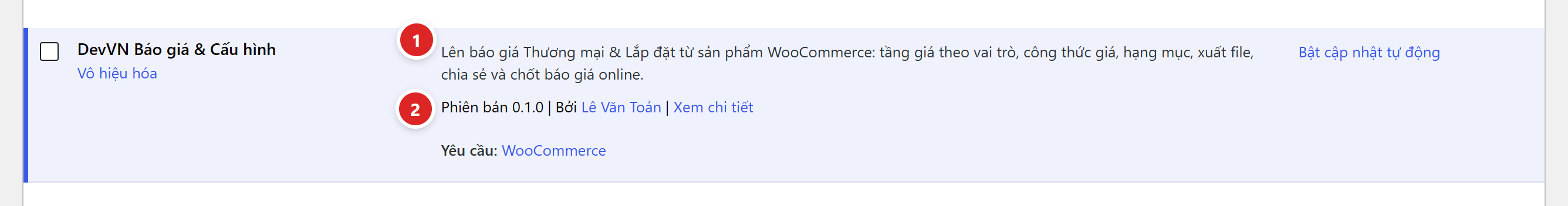 Dòng plugin DevVN Báo giá & Cấu hình trong danh sách plugin đã cài, có liên kết Vô hiệu hóa và dòng Phiên bản 0.1.0, Yêu cầu WooCommerce