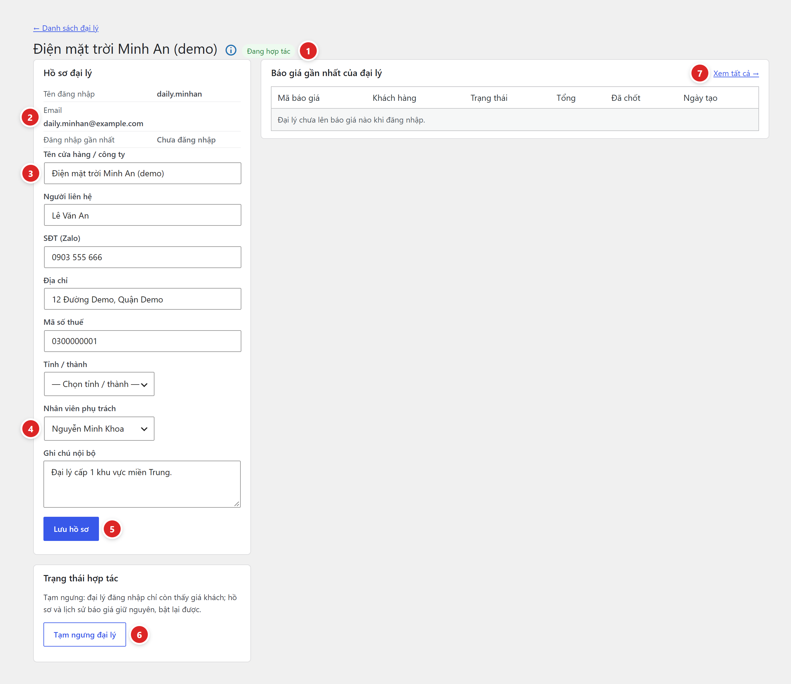 Hồ sơ đại lý Điện mặt trời Minh An với nhãn Đang hợp tác, thông tin tên đăng nhập, email, đăng nhập gần nhất, các ô hồ sơ, nút Lưu hồ sơ, khối Trạng thái hợp tác với nút Tạm ngưng đại lý và bảng Báo giá gần nhất của đại lý