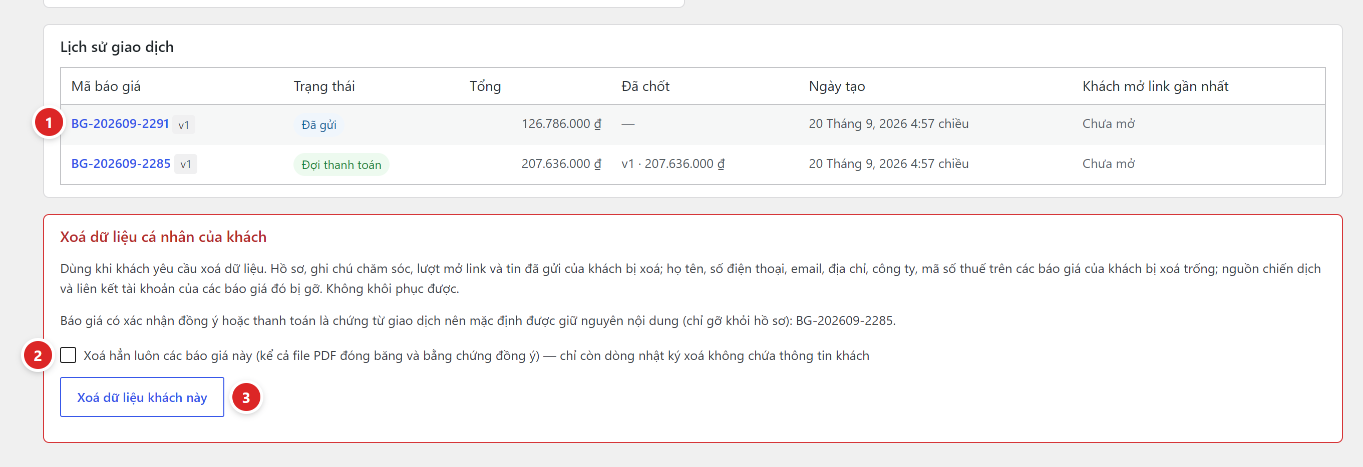 Bảng Lịch sử giao dịch với mã báo giá, trạng thái, tổng, đã chốt, ngày tạo, khách mở link gần nhất; khối đỏ Xoá dữ liệu cá nhân của khách với ô tick và nút Xoá dữ liệu khách này