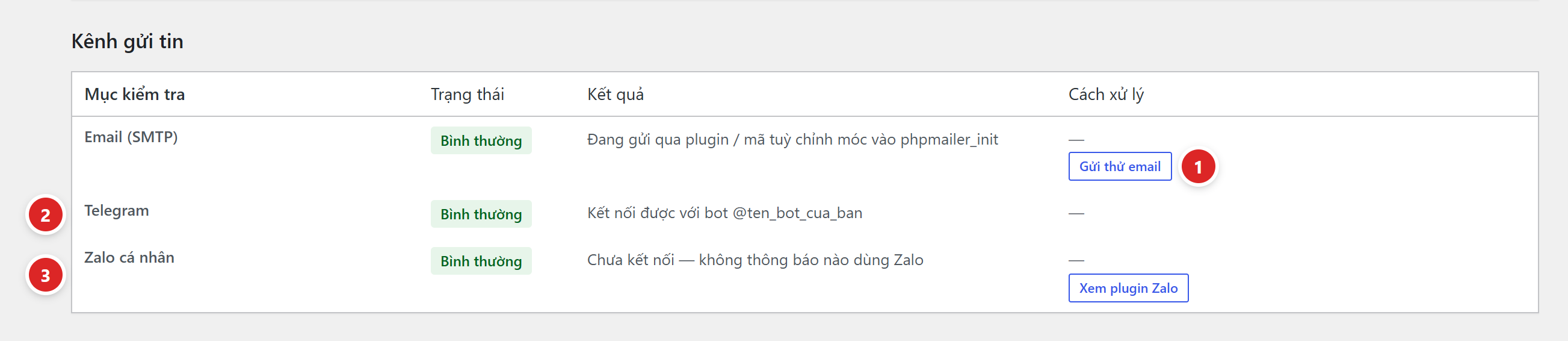 Bảng Kênh gửi tin với Email SMTP và nút Gửi thử email, Telegram, Zalo cá nhân