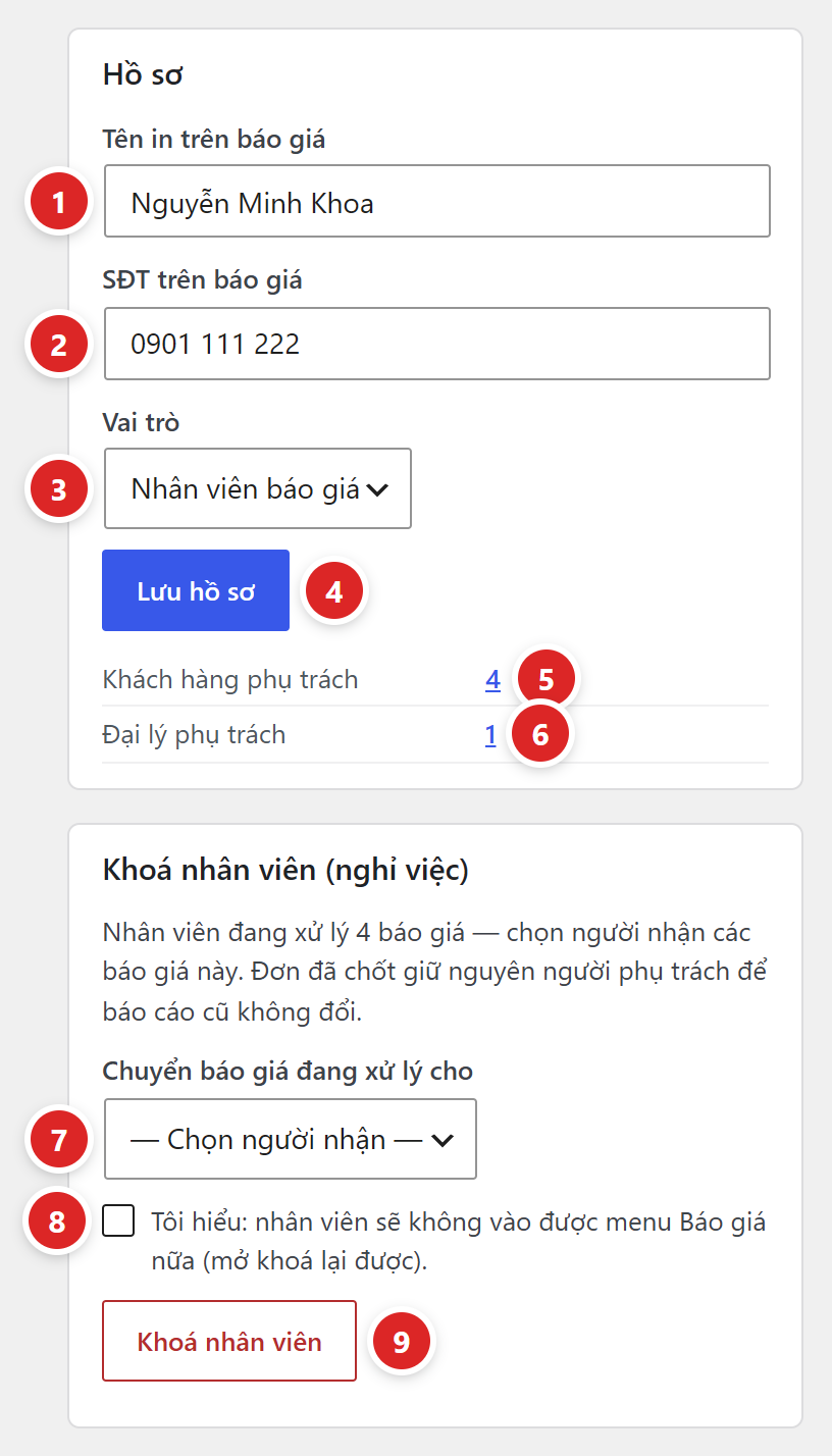 Khối Hồ sơ với ô Tên in trên báo giá, SĐT trên báo giá, Vai trò, nút Lưu hồ sơ, số Khách hàng phụ trách và Đại lý phụ trách; khối Khoá nhân viên nghỉ việc với ô chọn người nhận báo giá, ô tick xác nhận và nút Khoá nhân viên