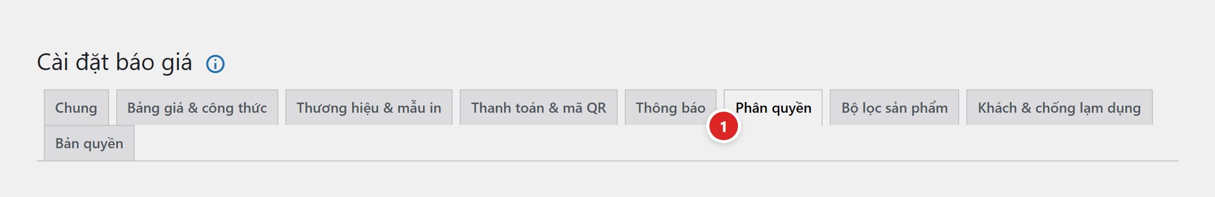 Trang Cài đặt báo giá với thanh tab, tab Phân quyền được đánh số