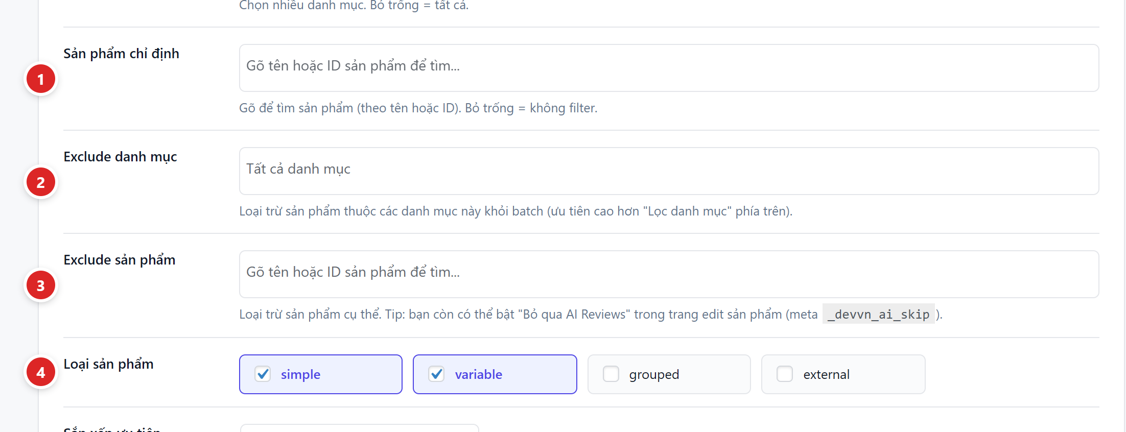 Phần chọn và loại trừ sản phẩm với bốn vị trí được đánh số