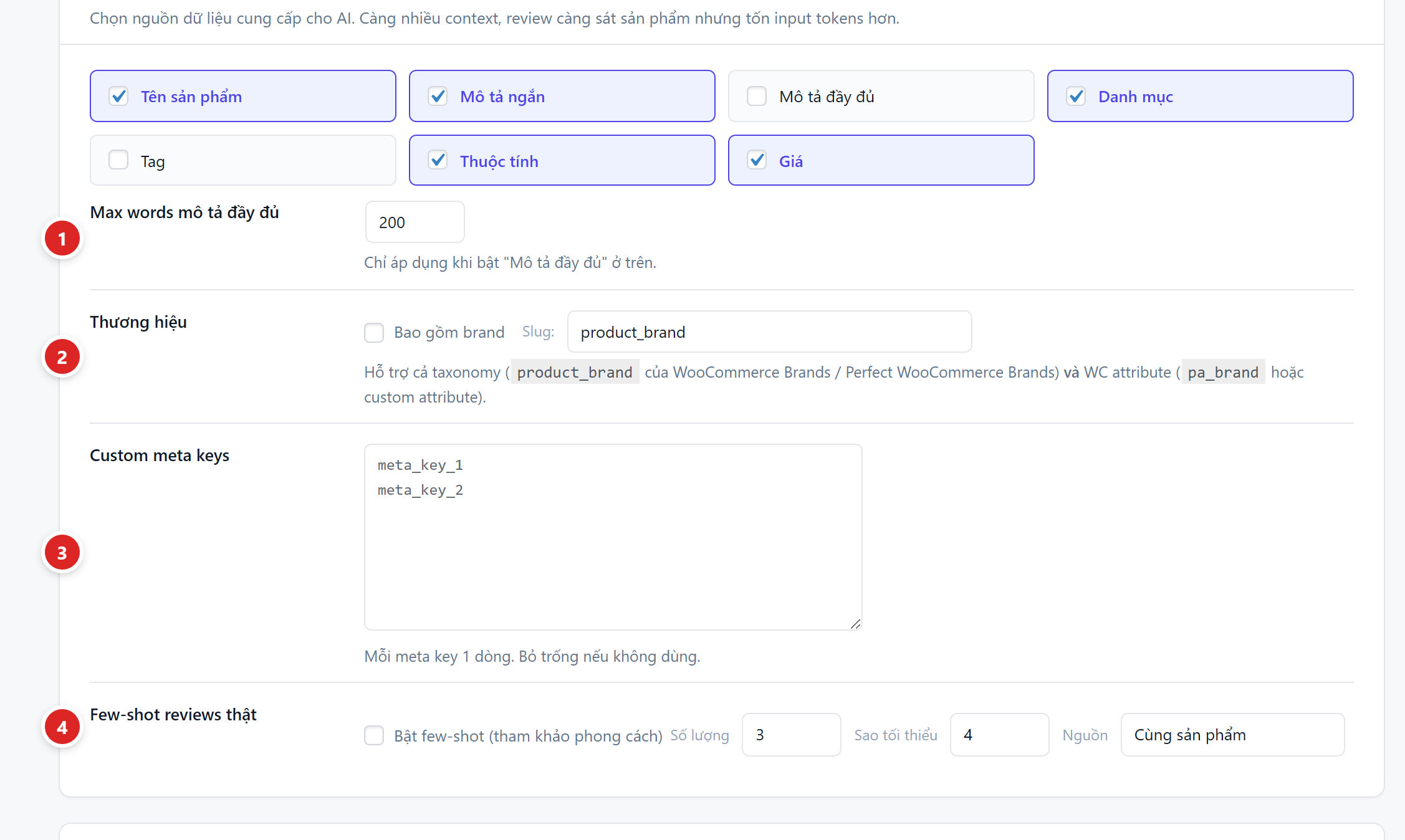 Mục Context Provider với các nguồn dữ liệu và bốn vị trí được đánh số