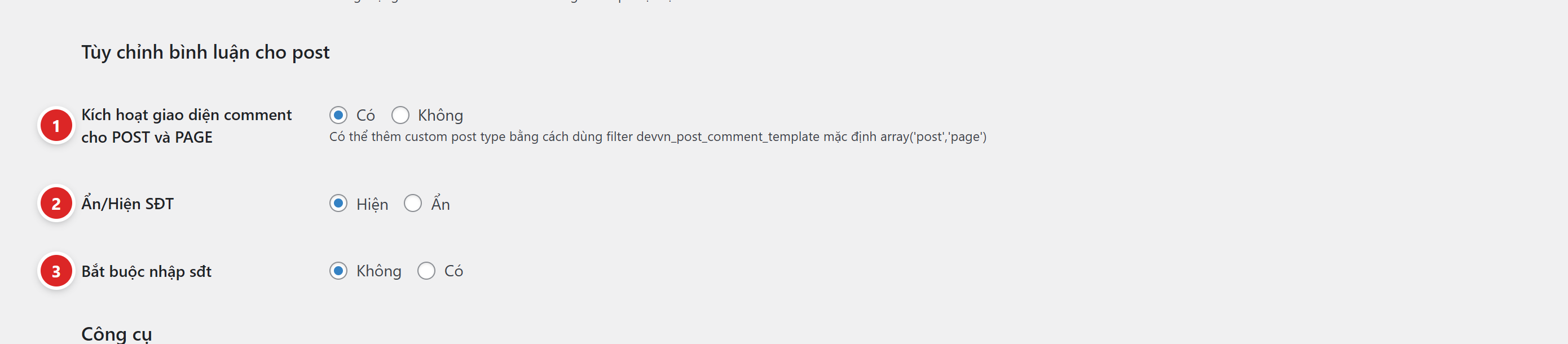 Khối tùy chỉnh bình luận cho post với ba vị trí được đánh số