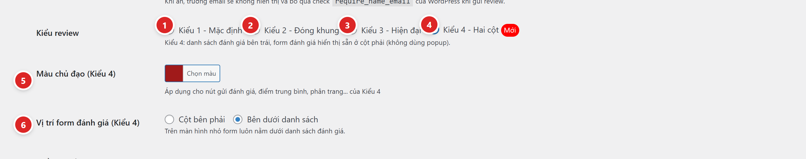 Bốn kiểu giao diện đánh giá và hai tuỳ chọn riêng của Kiểu 4