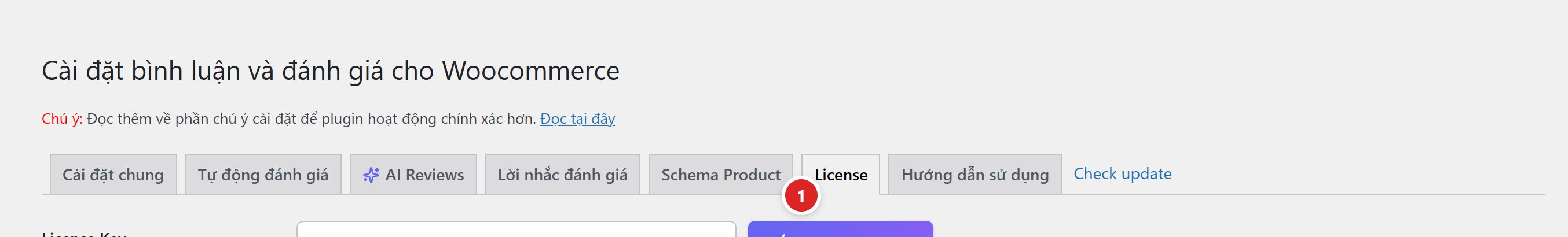 Thanh tab của plugin, chấm số 1 chỉ vào tab License