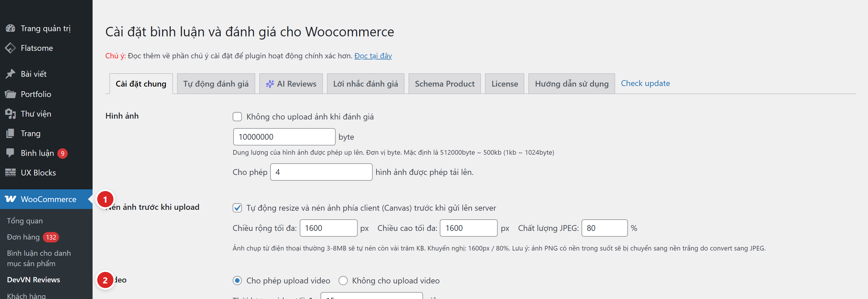 Menu quản trị WordPress, chấm số 1 chỉ vào WooCommerce và chấm số 2 chỉ vào DevVN Reviews